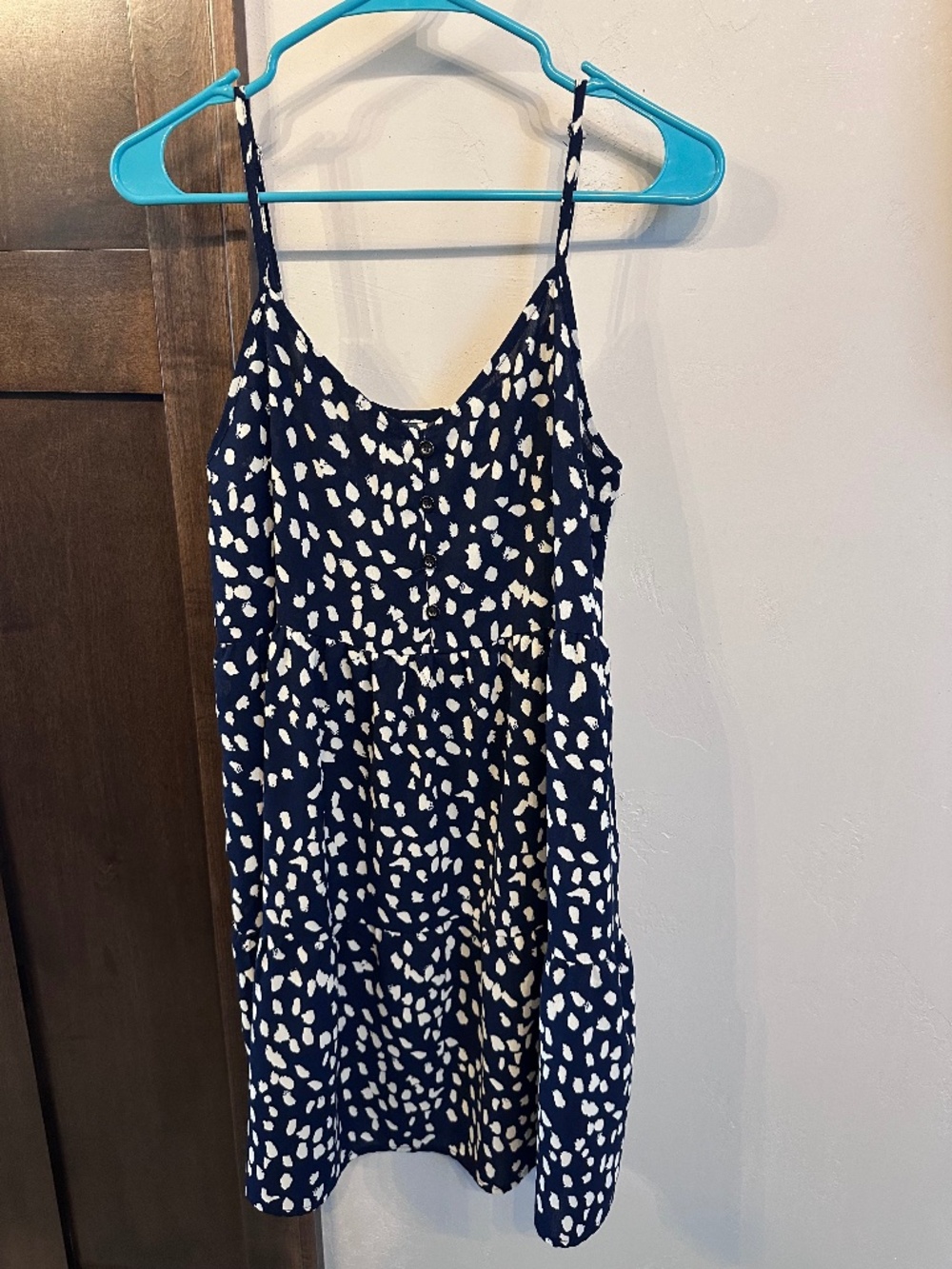 Navy White Printed Button Front Mini Dress Spaghetti Strap | Size M